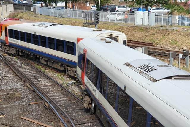 A train has derailed at Fratton railway station in Portsmouth on August 5, 2021. Picture: Habibur Rahman