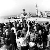Family and friends wave as HMS Bristol leaves to join the task force in the Falklands, South Atlantic.
Picture ref: 821093-3