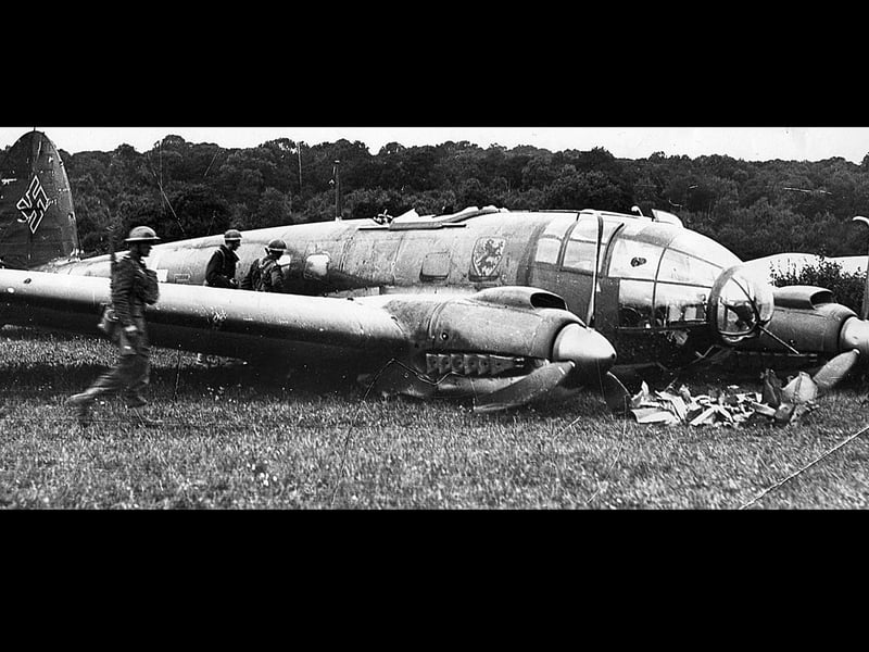 The crash-landed Heinkel at Denmead during the Battle of Britain in the summer of 1940