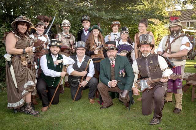 Members of the Gosport Steampunk Society gather outside the fighting Cock Pub.
Picture Credit: Keith Woodland