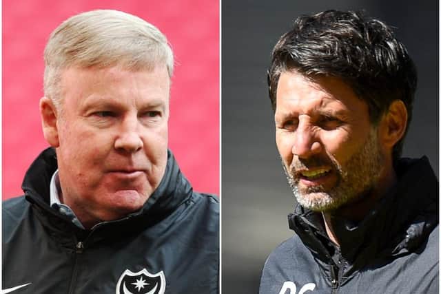 Former Pompey boss Kenny Jackett, left, and current chief Danny Cowley.