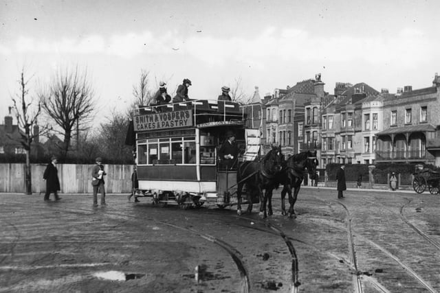 1901: A horse-drawn tram at the King's road junction at Portsmouth, shortly before the electrification of the system. (Photo by Hulton Archive/Getty Images)