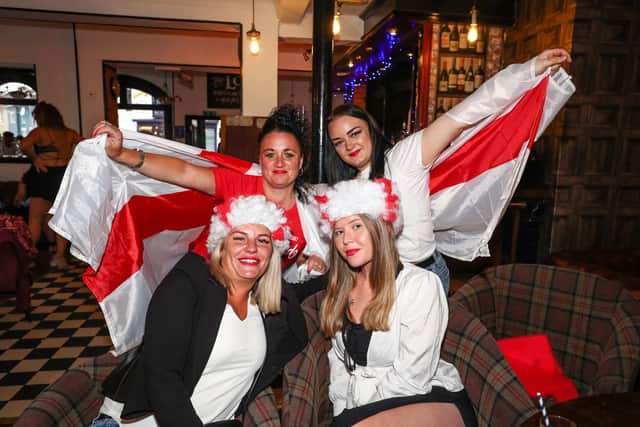 England fans watch England beat Germany 2-0 in the Euros 2020.
Fans pictured in The Kings pub. (back) Nicky Farhurst and Courtney Swan (front) Tara Smith and Chloe Restall.
Picture: Stuart Martin (220421-7042)