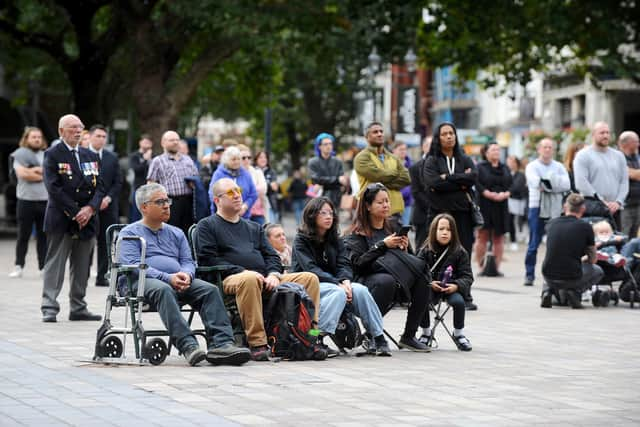 The people of Portsmouth gathered on Monday, September 19, in Guildhall Square, Portsmouth, to watch Queen Elizabeth II funeral on the big screen.
Picture: Sarah Standing (190922-956)