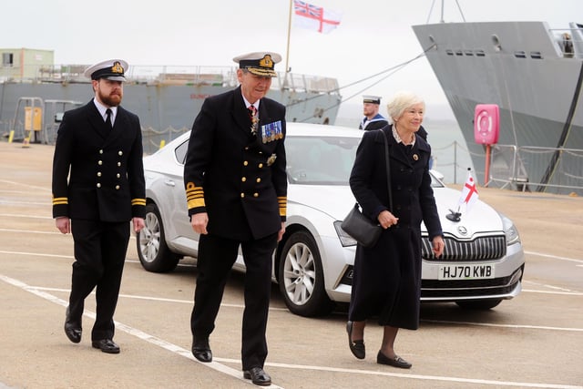 Pictured is: (middle and right) Admiral Sir Ian Forbes Royal Navy KCB CBE and Lady Sally Forbes, HMS Enterprise ship's sponsor.