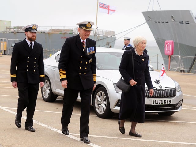 Pictured is: (middle and right) Admiral Sir Ian Forbes Royal Navy KCB CBE and Lady Sally Forbes, HMS Enterprise ship's sponsor.