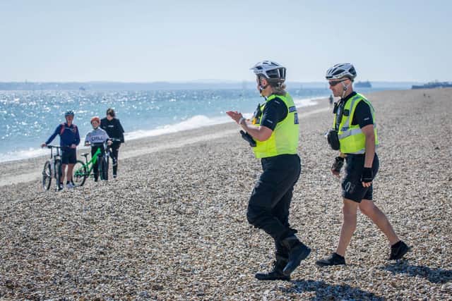 Police presence on Eastney beach, Southsea on 15 April 2020. Picture: Habibur Rahman