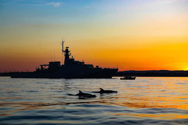 HMS Tamar pictured with a pod of dolphins swimming alongside it