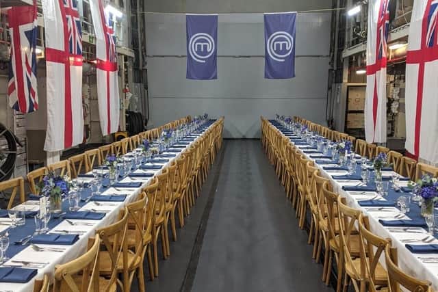 Both the tables set up on board HMS Diamond for the MasterChef semi-final. Photo: Royal Navy