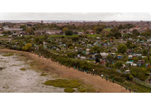 Protestors line the Milton shoreline in October 2020 Picture: Solent Sky Services