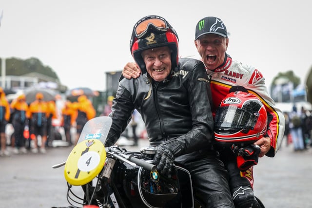 Motorbike riders Sammy Miller and Randy Mamola at the Goodwood Festival of Speed at Goodwood House in West Sussex. Picture date: Friday June 14, 2023. PA Photo. This year, the event celebrates its 30th anniversary and takes place from June 13-16. Picture credit should read: Matt Alexander/PA Wire