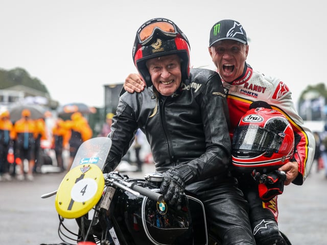 Motorbike riders Sammy Miller and Randy Mamola at the Goodwood Festival of Speed at Goodwood House in West Sussex. Picture date: Friday June 14, 2023. PA Photo. This year, the event celebrates its 30th anniversary and takes place from June 13-16. Picture credit should read: Matt Alexander/PA Wire