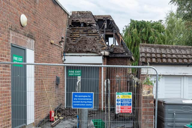 The burned-out roof above the storeroom at the Co-Op in Denmead, taken on August 24, 2023. Picture: Mike Cooter (240823)