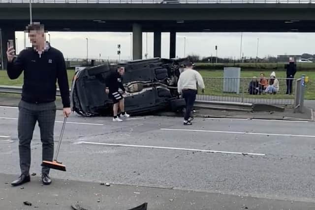 Three cars were damaged in the pile-up at the Langstone Roundabout yesterday.