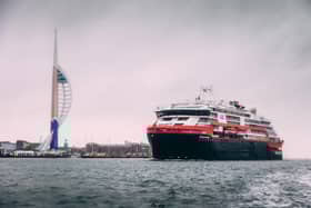Expedition cruise line Hurtigruten's new battery-powered cruise ship MS Fridjtof Nansen makes its first trip into Portsmouth on March 5. It's one of the first ships of its kind across the globe. Picture: Paul Gonella / Strong Island 