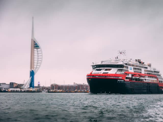 Expedition cruise line Hurtigruten's new battery-powered cruise ship MS Fridjtof Nansen makes its first trip into Portsmouth on March 5. It's one of the first ships of its kind across the globe. Picture: Paul Gonella / Strong Island 