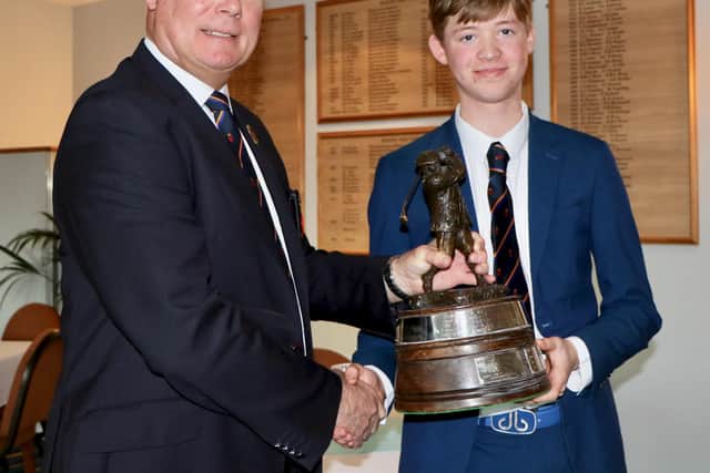 Sam West receives the Harry Vardon Trophy from Hamphsire Golf president Alan Drayton (Stoneham GC) after the Past, Present, Future match at Hayling GC earlier this year. Picture: Andrew Griffin.