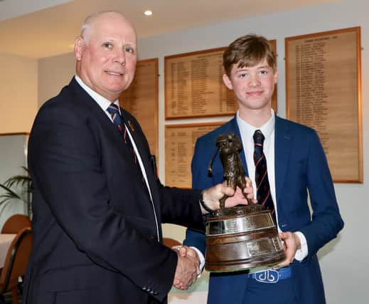 Sam West receives the Harry Vardon Trophy from Hamphsire Golf president Alan Drayton (Stoneham GC) after the Past, Present, Future match at Hayling GC earlier this year. Picture: Andrew Griffin.