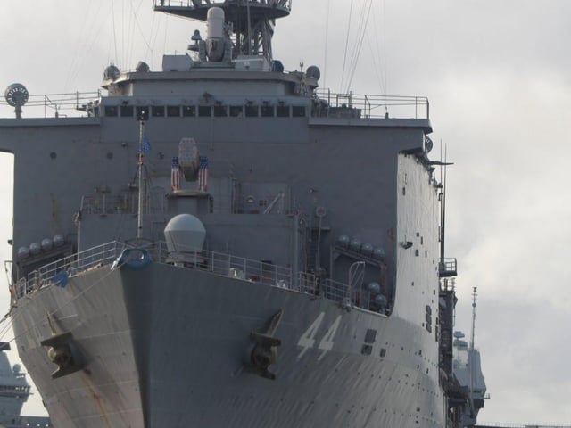USS Gunston Hall arriving into Portsmouth on February 10. Picture: Jake Corben - JC Maritime Photos.