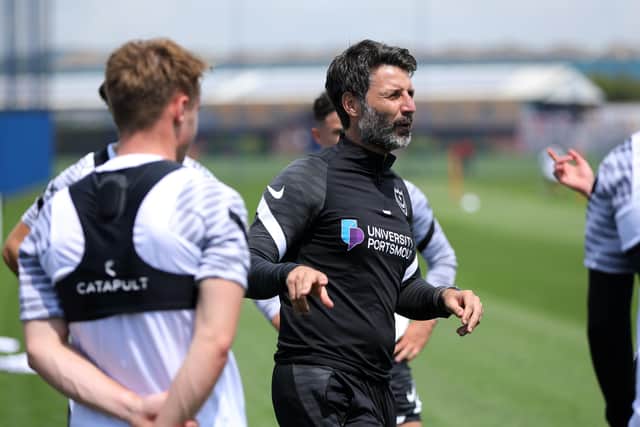 Danny Cowley with his Pompey players on the first day of pre-season training. Picture: Chris Moorhouse