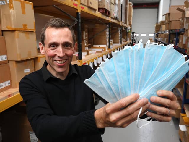 Owner of Universal Smart Cards Ltd, Michael Smith, has 400,000 face masks donate to local NHS trusts and NHS trust run carehomes. Picture: Chris Moorhouse (jpns 031121-07)
