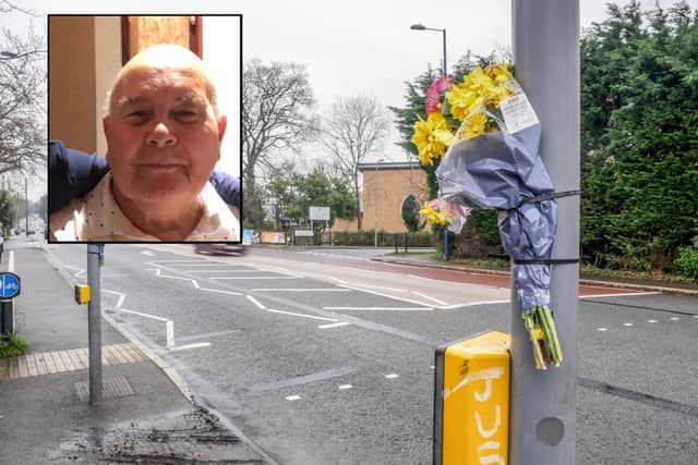 Floral tributes at the crossing where the collision happened in London Road, Waterlooville in December 2019 and inset, John Dognini 
Picture: Habibur Rahman/Hampshire police