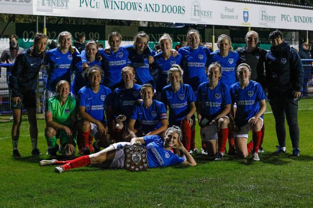 Pompey celebrate winning the 2019/20 Portsmouth & District FA Women's Cup against Moneyfields at Baffins Milton Rovers FC last October. Pic: Jordan Hampton.