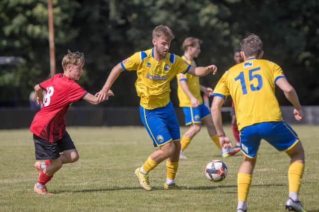 Harvey Rew on the ball for Gosport in the second half of their friendly at Petersfield. Picture by Tom Phillips