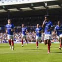 Abu Kamara celebrates after giving Pompey the lead in the 43rd minute against Peterborough. Picture: Jason Brown/ProSportsImages