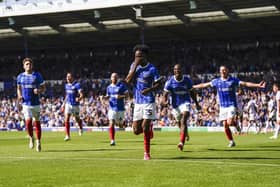 Abu Kamara celebrates after giving Pompey the lead in the 43rd minute against Peterborough. Picture: Jason Brown/ProSportsImages