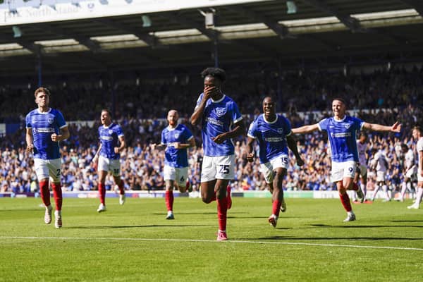 Abu Kamara celebrates after giving Pompey the lead in the 43rd minute against Peterborough. Picture: Jason Brown/ProSportsImages