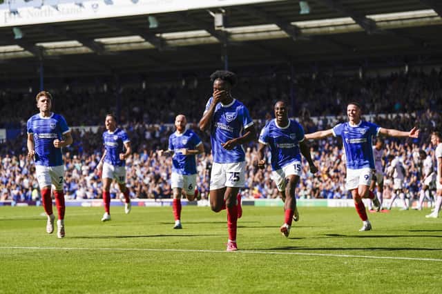 Abu Kamara celebrates after giving Pompey the lead in the 43rd minute against Peterborough. Picture: Jason Brown/ProSportsImages