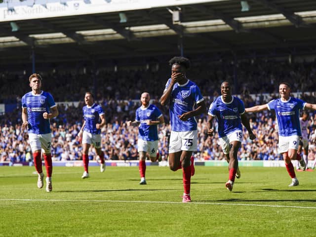 Abu Kamara celebrates after giving Pompey the lead in the 43rd minute against Peterborough. Picture: Jason Brown/ProSportsImages