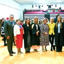 Mayor of Fareham’s Consort, Mr Jonathan Clubley, Mayor of Fareham Councillor Louise Clubley, Jasmine, Deputy Head Girl, Mrs Sarah Parker, Head, Portsmouth High School GDST, the Lady Mayoress, Mrs Helena Cole, Kate Mosse, author, Rosie, Deputy Head Girl, Emma, Head Girl, Effie, Deputy Head Girl, Chris Atwell, Councillor