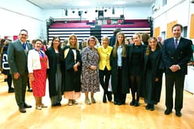 Mayor of Fareham’s Consort, Mr Jonathan Clubley, Mayor of Fareham Councillor Louise Clubley, Jasmine, Deputy Head Girl, Mrs Sarah Parker, Head, Portsmouth High School GDST, the Lady Mayoress, Mrs Helena Cole, Kate Mosse, author, Rosie, Deputy Head Girl, Emma, Head Girl, Effie, Deputy Head Girl, Chris Atwell, Councillor