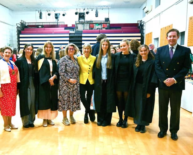 Mayor of Fareham’s Consort, Mr Jonathan Clubley, Mayor of Fareham Councillor Louise Clubley, Jasmine, Deputy Head Girl, Mrs Sarah Parker, Head, Portsmouth High School GDST, the Lady Mayoress, Mrs Helena Cole, Kate Mosse, author, Rosie, Deputy Head Girl, Emma, Head Girl, Effie, Deputy Head Girl, Chris Atwell, Councillor