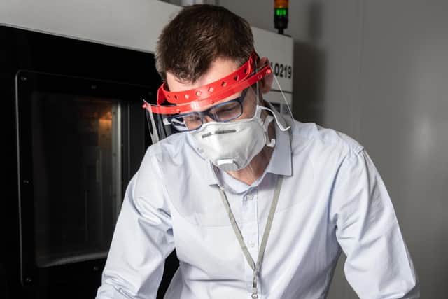 BAE Systems is using 3D printing technology to produce face shield to help protect NHS staff on the frontline of the response to COVID-19.
The company has been additive manufacturing parts for newly-designed shields from its site in Samlesbury, Lancashire. Photo: BAE Systems.
