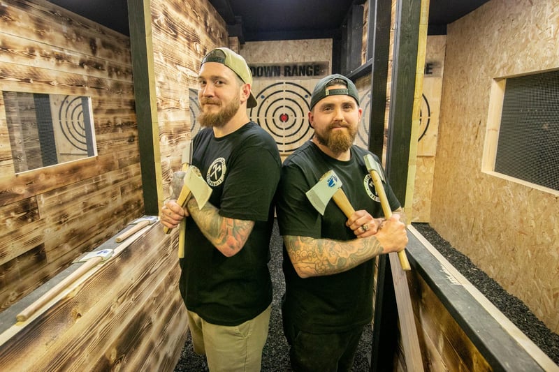 New axe throwing venue, 
Down Range Axe Throwing at Gosport has opened  on Thursday 16th November 2023.

Pictured:  Ben Davis and Colin Smith

Picture: Habibur Rahman