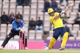 Ben McDermott smashed nine sixes at Radlett last night as Hampshire climbed off the bottom of their T20 Blast group with victory over Middlesex. Photo by Warren Little/Getty Images