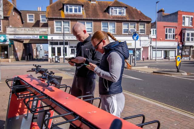Update on E-scooter trial on 29 March 2021.
Pictured: Harry Holt and Leila-Rose Lynch in Albert Road, Southsea with the new E-scooters.
Picture: Habibur Rahman