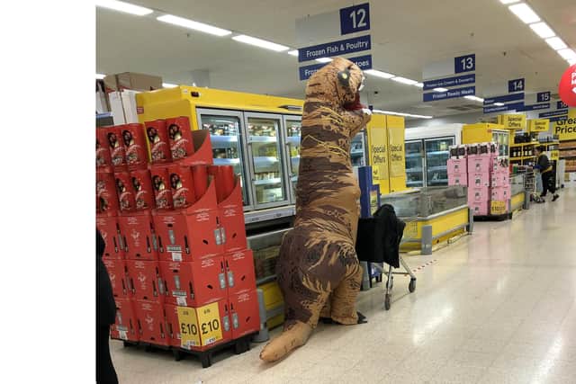 A mystery man dressed as a Tyrannosaurus rex does his shopping at Tesco, North Harbour, on Tuesday, March 31. Picture: Kirsty Suthers