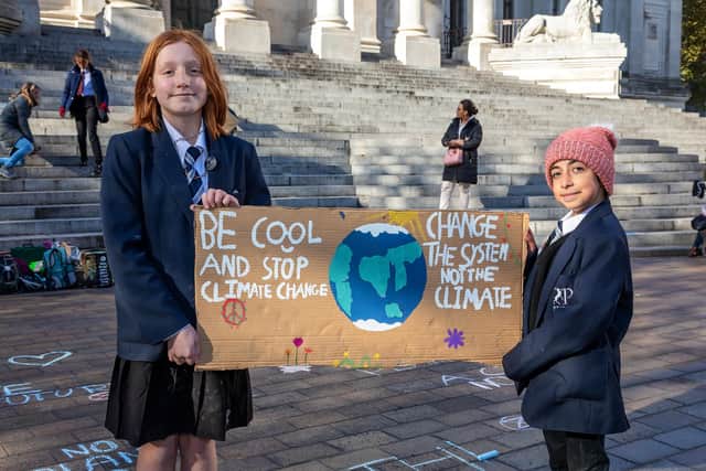 Lisa Hill (11) and Sakina Yousif (11) who attended the demonstration. Picture: Mike Cooter (051121)