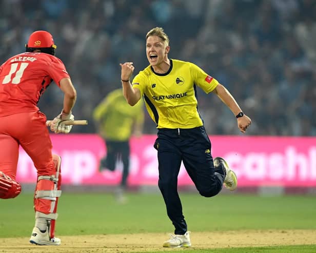 Nathan Ellis celebrates after Hampshire's victory in the Vitality Blast final. Photo by Alex Davidson/Getty Images
