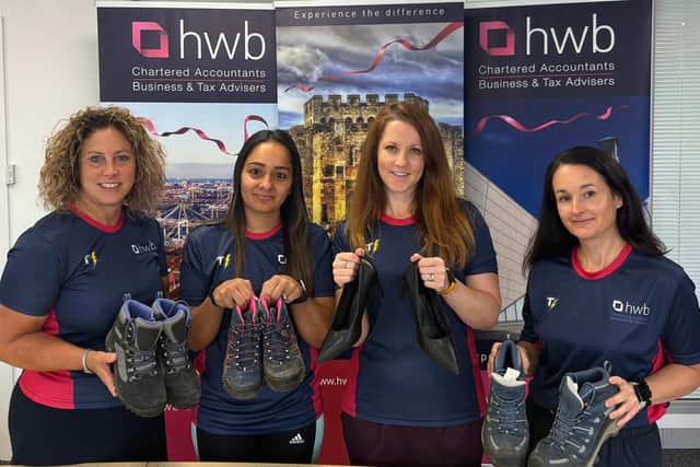 IN THESE SHOES: Did someone turn up to training with the wrong footwear? The HWB Chartered Accountants team taking part in the 12km Walk for Dementia 2025 event on September 14 starting at Warsash Harbour, Hampshire, in aid of Dementia Support Hampshire & IOW is, from left: Michaela Johns, Director, Neelam Shankar, Accounts & Audit Assistant; Gemma Hedges, Tax Director and Emma Kemp, Marketing Executive