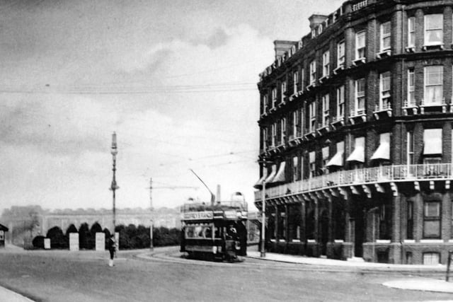 Taking a sharp curve. Passing the Grosvenor Hotel on the corner of Western parade and Osborne Road  a tram heads towards Palmerston Road. Picture Robert James collection.