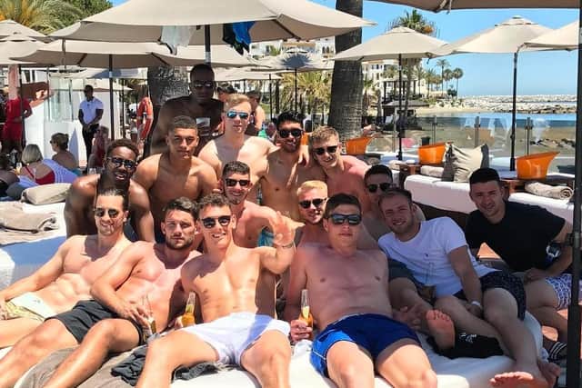 Kal Naismith (centre) and Pompey's League Two title-winning squad on a post-season trip to Marbella in May 2017, paid for by chairman Iain McInnes. Picture: Kal Naismith/Instagram