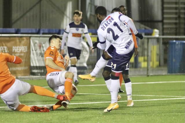 Roarie Deacon nets Hawks' FA Trophy winner against Braintree. Pic: Kieron Louloudis.