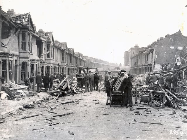 Newcomen Road, Portsmouth after a flying bomb fell on July 15th 1944. This was the last bomb to fall on Portsmouth