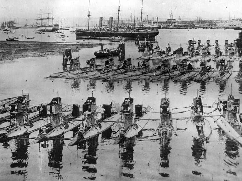 Thirty-five submarines tied up at Fort Blockhouse, Gosport, for a fleet review in 1908. Picture: Costen.co.uk