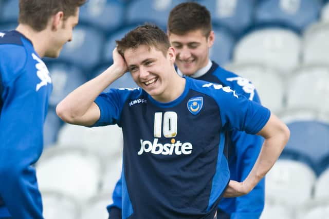 Scott Allan shares a joke with Joel Ward during a Pompey training session at Fratton Park in 2012. Picture: Robin Jones/Digital South